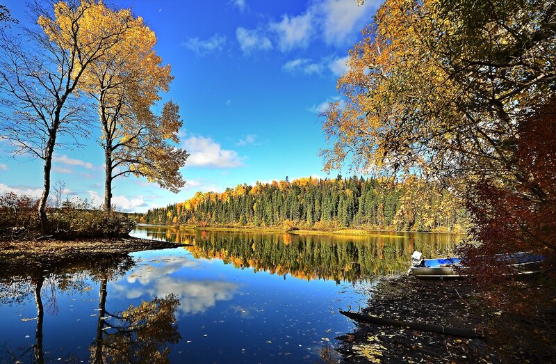 Autumn Lake Landscape — Blue, Serene, Photograph, Trees, Boat