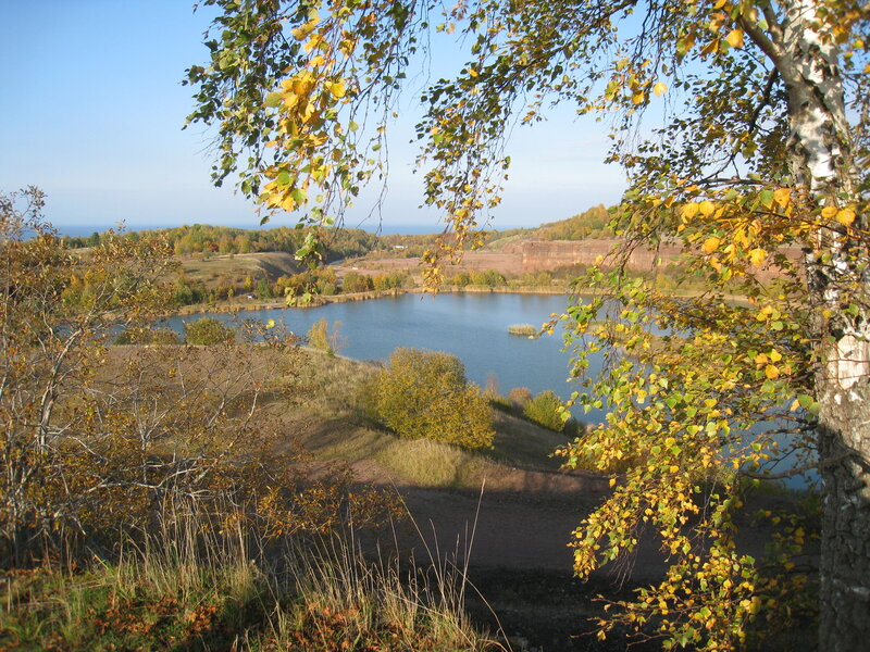 Autumn Lake Landscape — Blue, Serene, Photograph, Trees, Hills, Sky