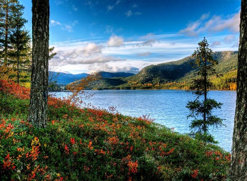 Autumn Lake Landscape — Blue, Serene, Photograph, Trees, Mountains