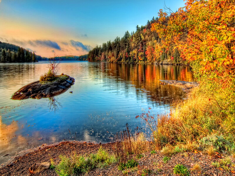 Autumn Lake Landscape — Blue, Serene, Photograph, Trees, Rock