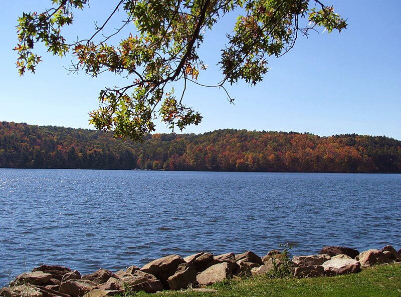 Autumn Lake Landscape — Blue, Serene, Photograph, Trees, Rocks, Sky