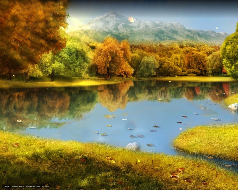 Autumn Lake Landscape — Green, Serene, Digital Art