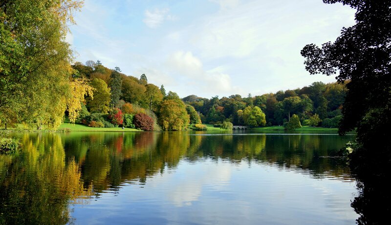 Autumn Lake Landscape — Green, Serene, Photograph, Trees, Bridge