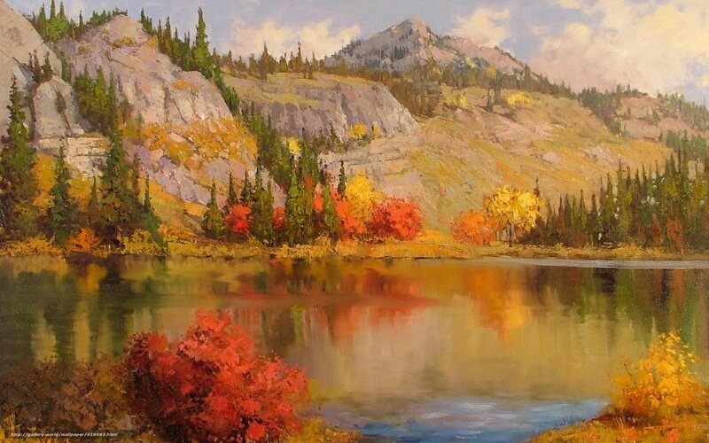 Autumn Lake Landscape — Red, Serene, Painting