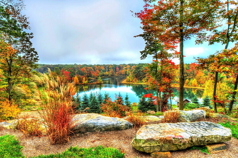 Autumn Lake Landscape — Red, Serene, Photograph, Trees