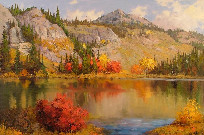 Autumn Lake Landscape — Red, Serene