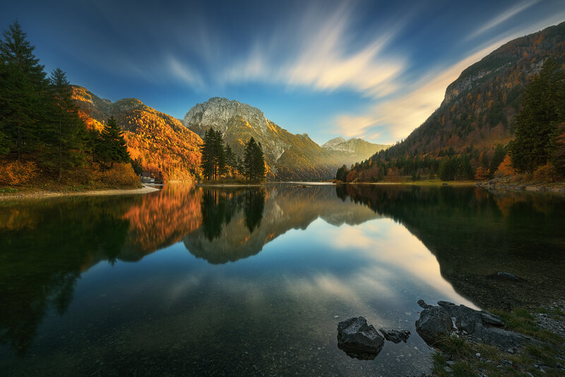 Autumn Lake Reflection — Blue, Serene, Photograph, Mountains, Trees, Clouds