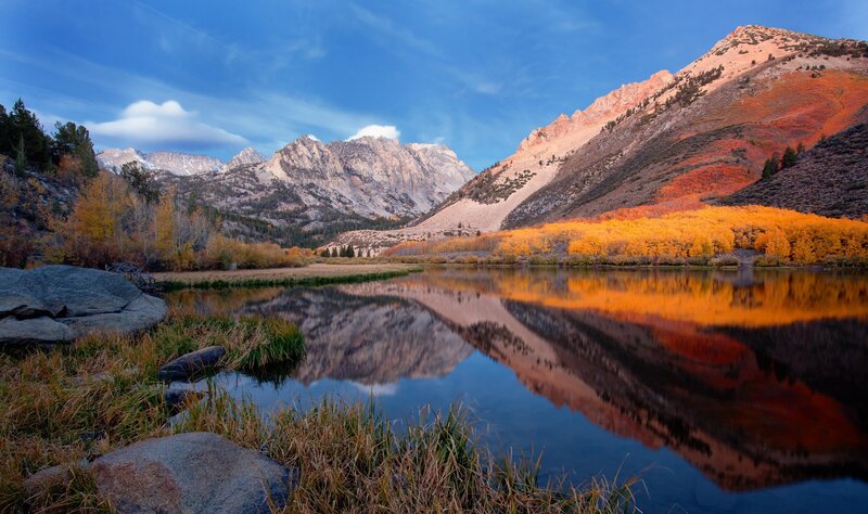 Autumn Lake Reflection — Blue, Serene, Photograph, Mountains, Trees