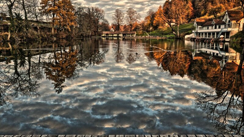 Autumn Lake Reflection — Blue, Serene, Photograph, Trees, Buildings