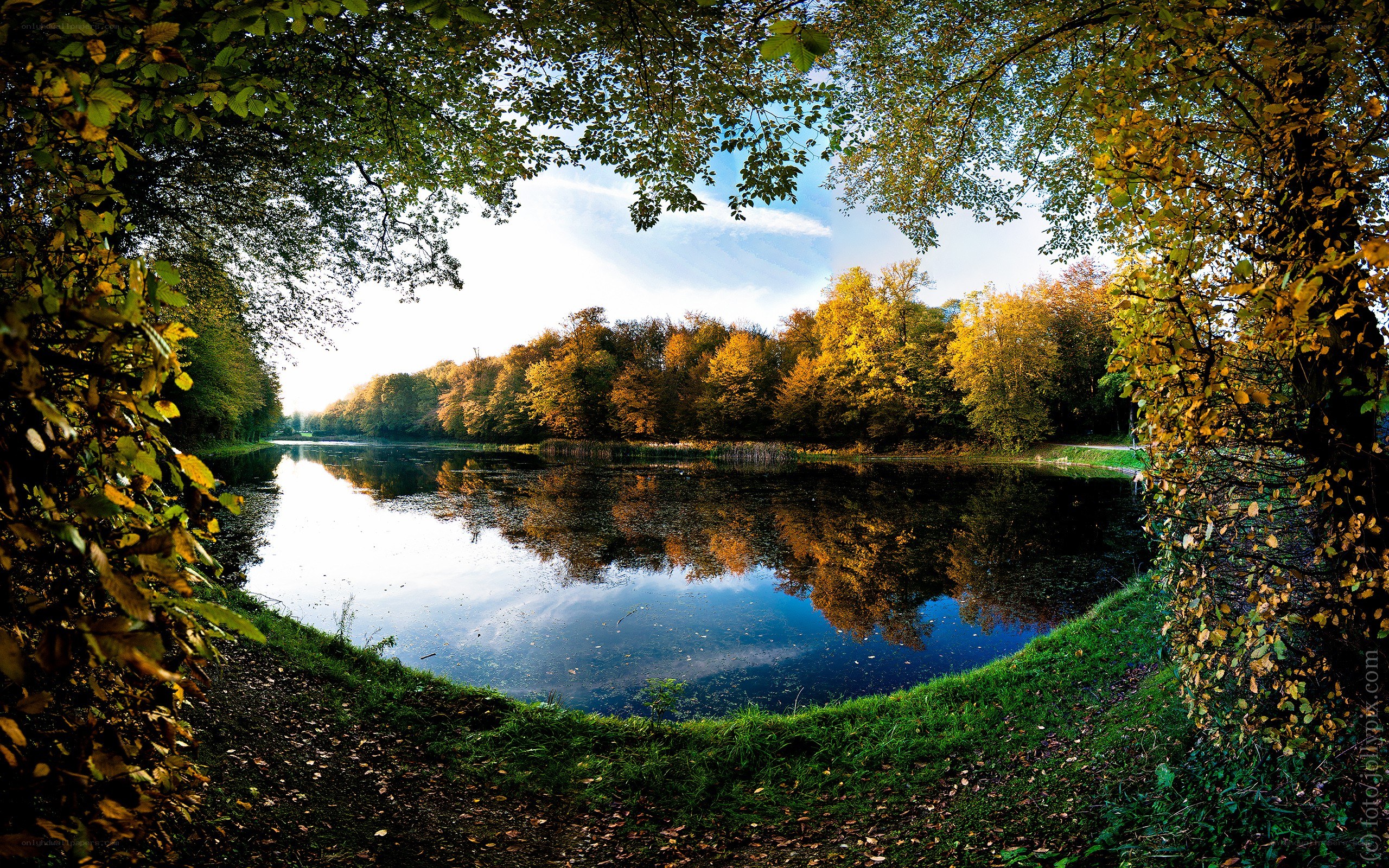 Autumn lake through tree frame