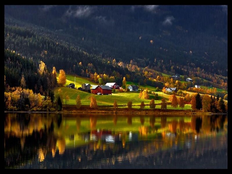 Autumn lake village landscape