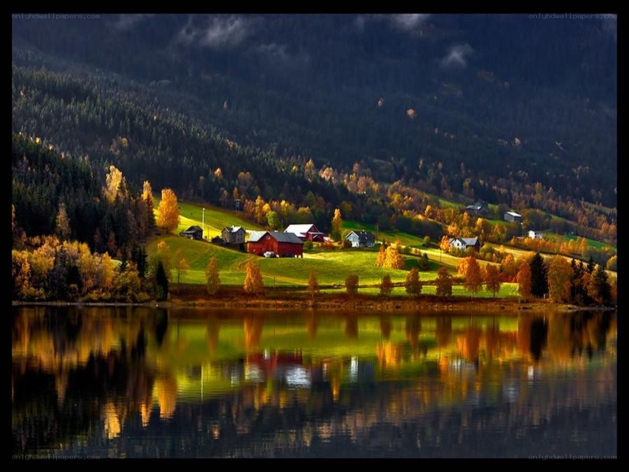 Autumn lake village landscape