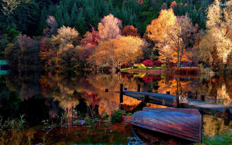 Autumn lake with boat