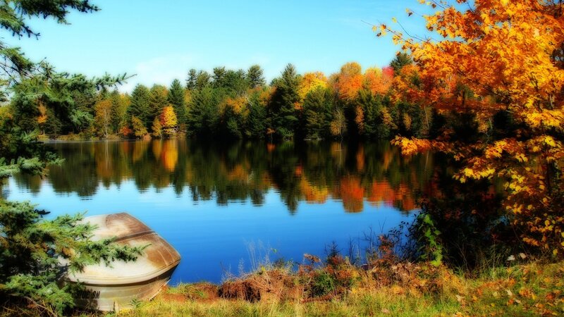 Autumn lake with boat