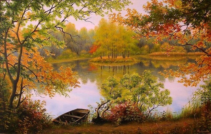 Autumn lake with boat