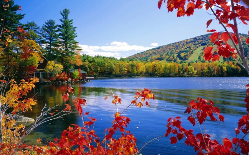 Autumn Lake with Cabin — Blue, Serene