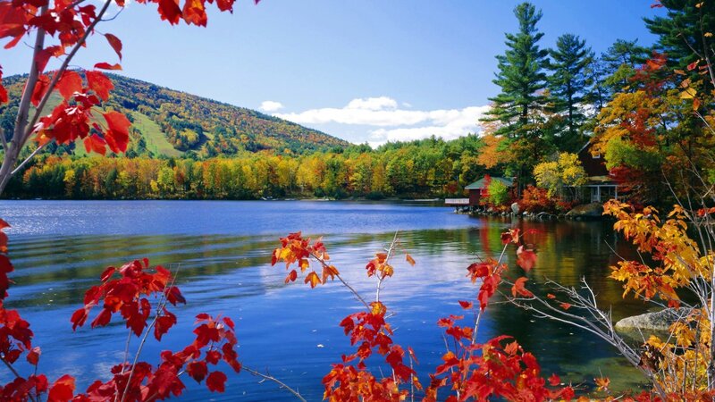 Autumn Lake with Cabin — Blue