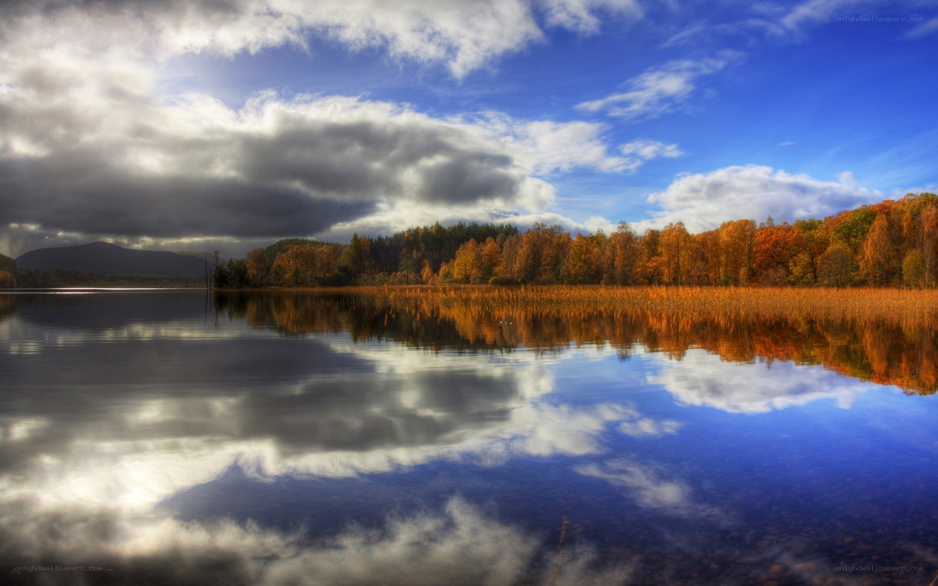 Autumn lake with cloudy sky