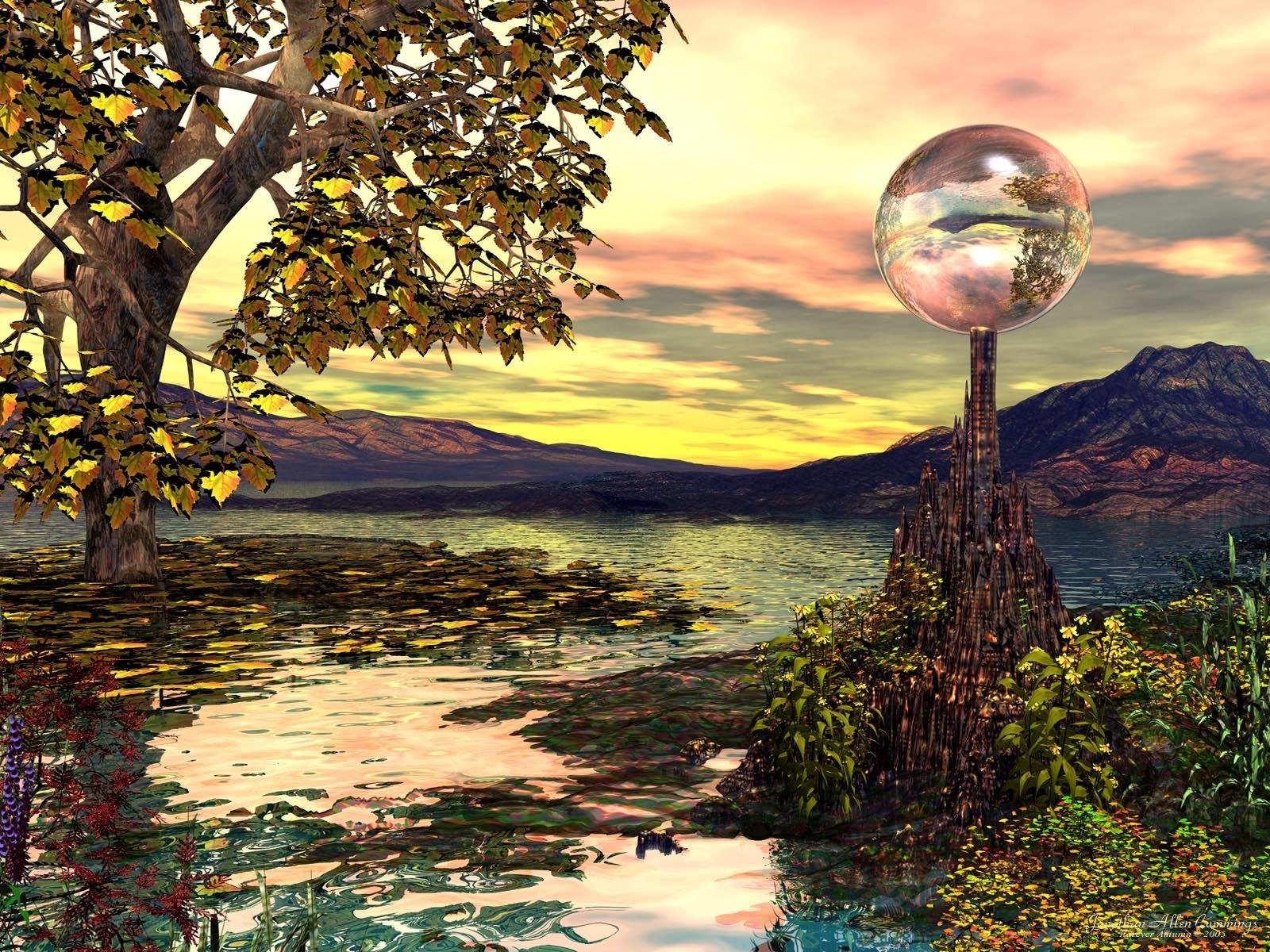 Autumn lake with crystal sphere