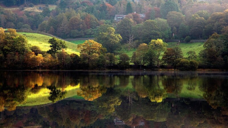 Autumn lake with forest reflection