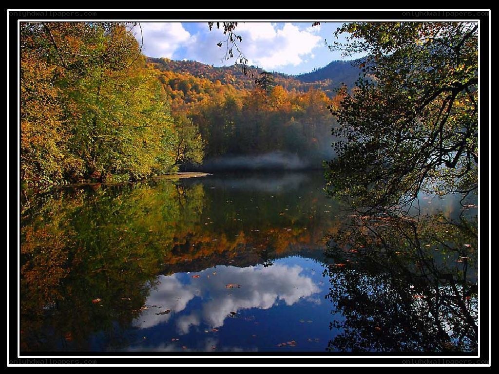 Autumn lake with forest reflection
