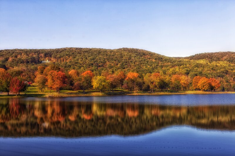 Autumn lake with forest reflection