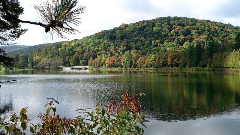 Autumn lake with forested hills