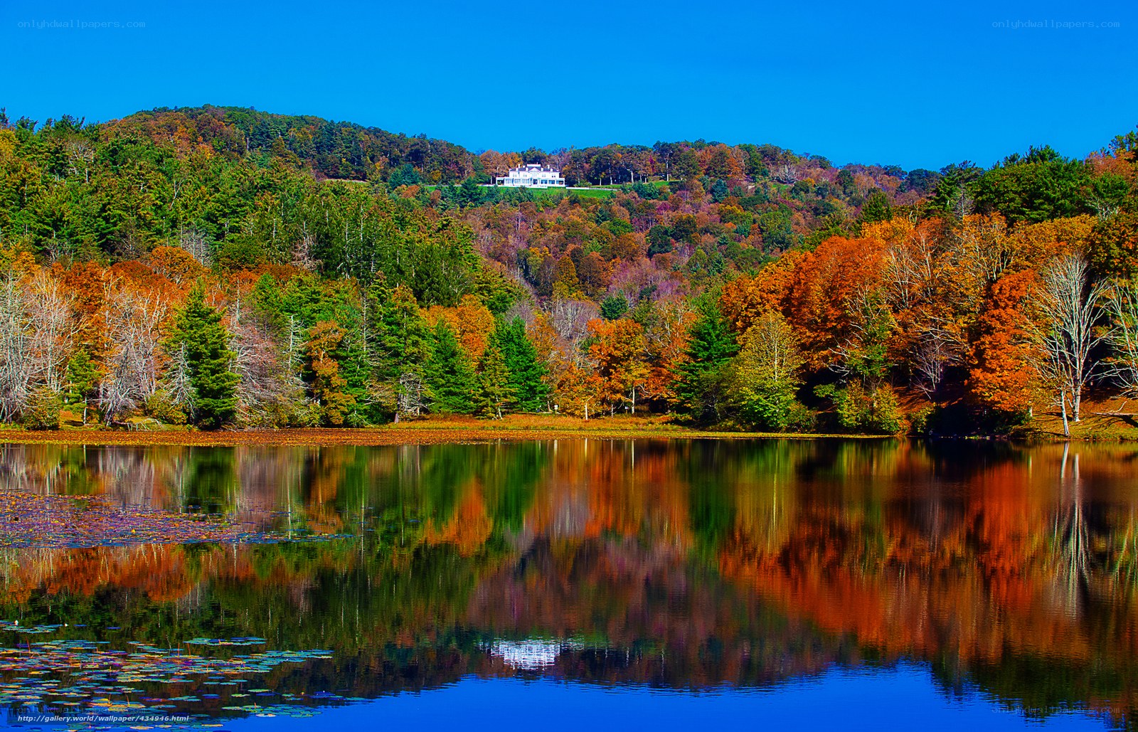 Autumn lake with house on hill