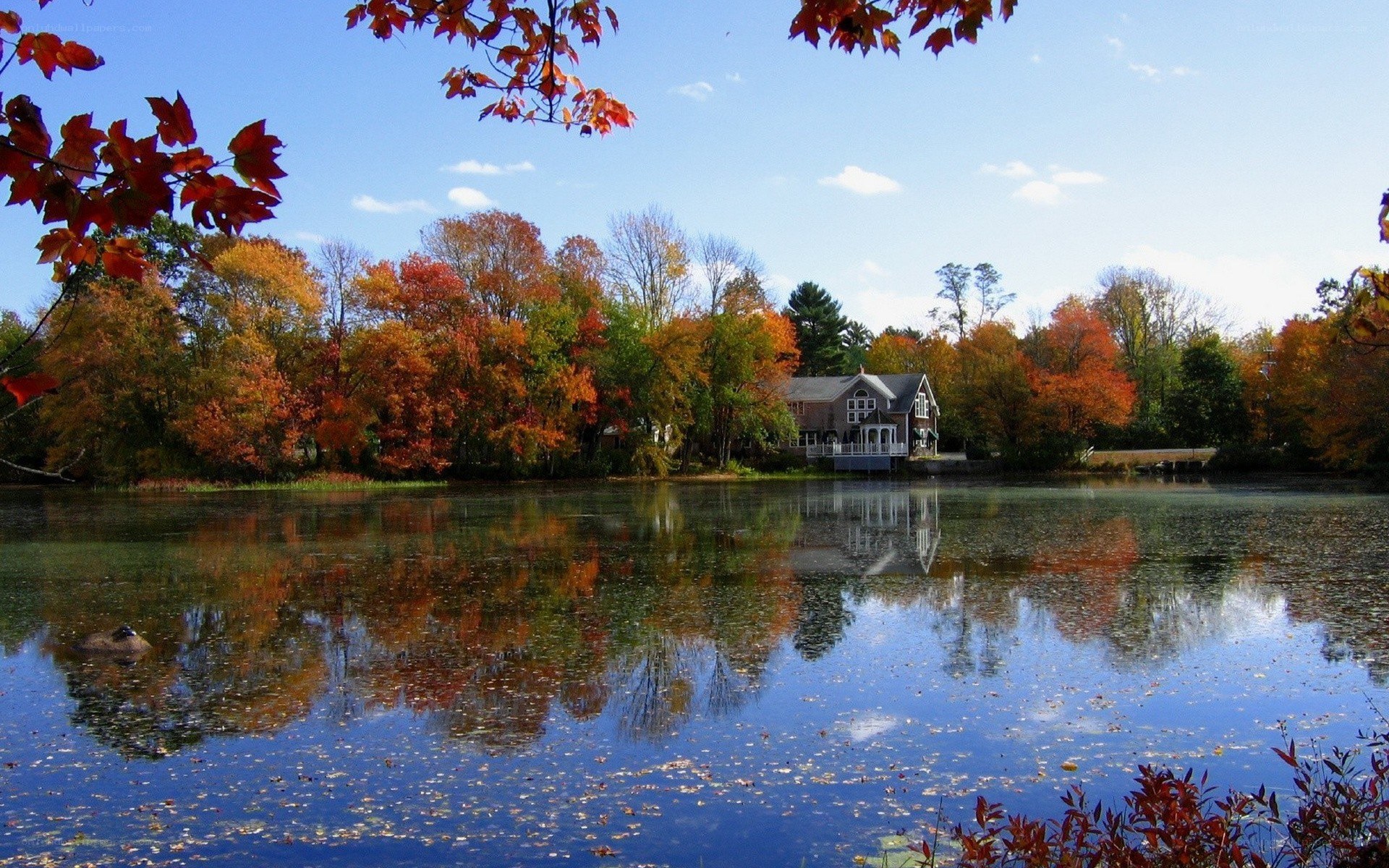 Autumn lake with house reflection