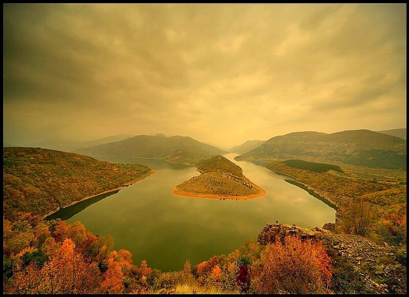 Autumn lake with island