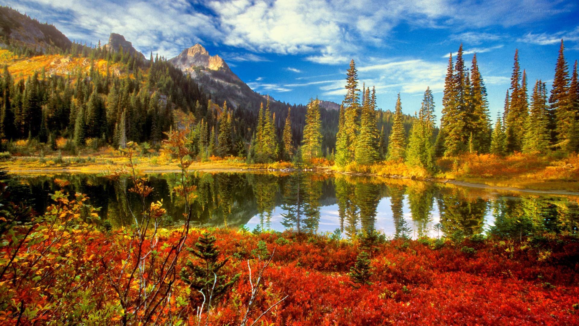 Autumn lake with mountain reflection