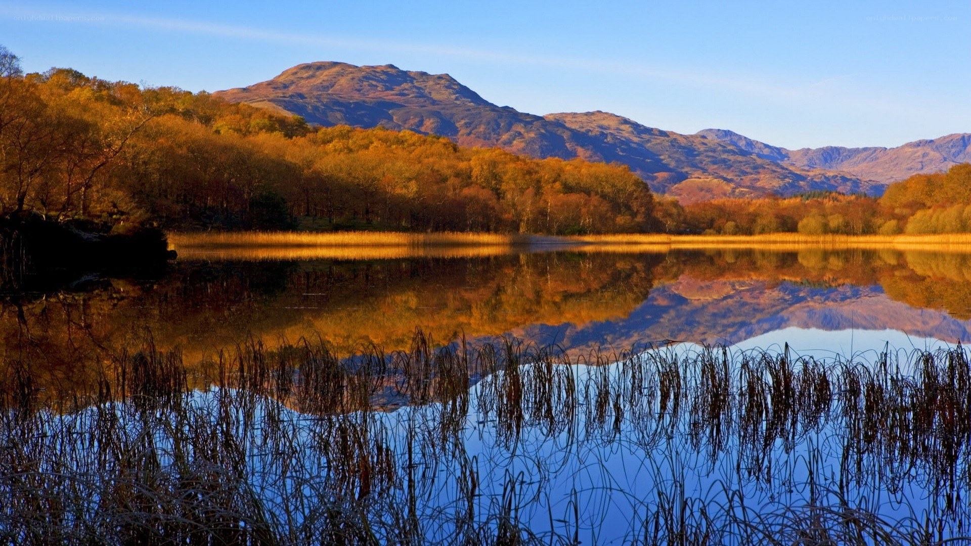 Autumn lake with mountain reflection