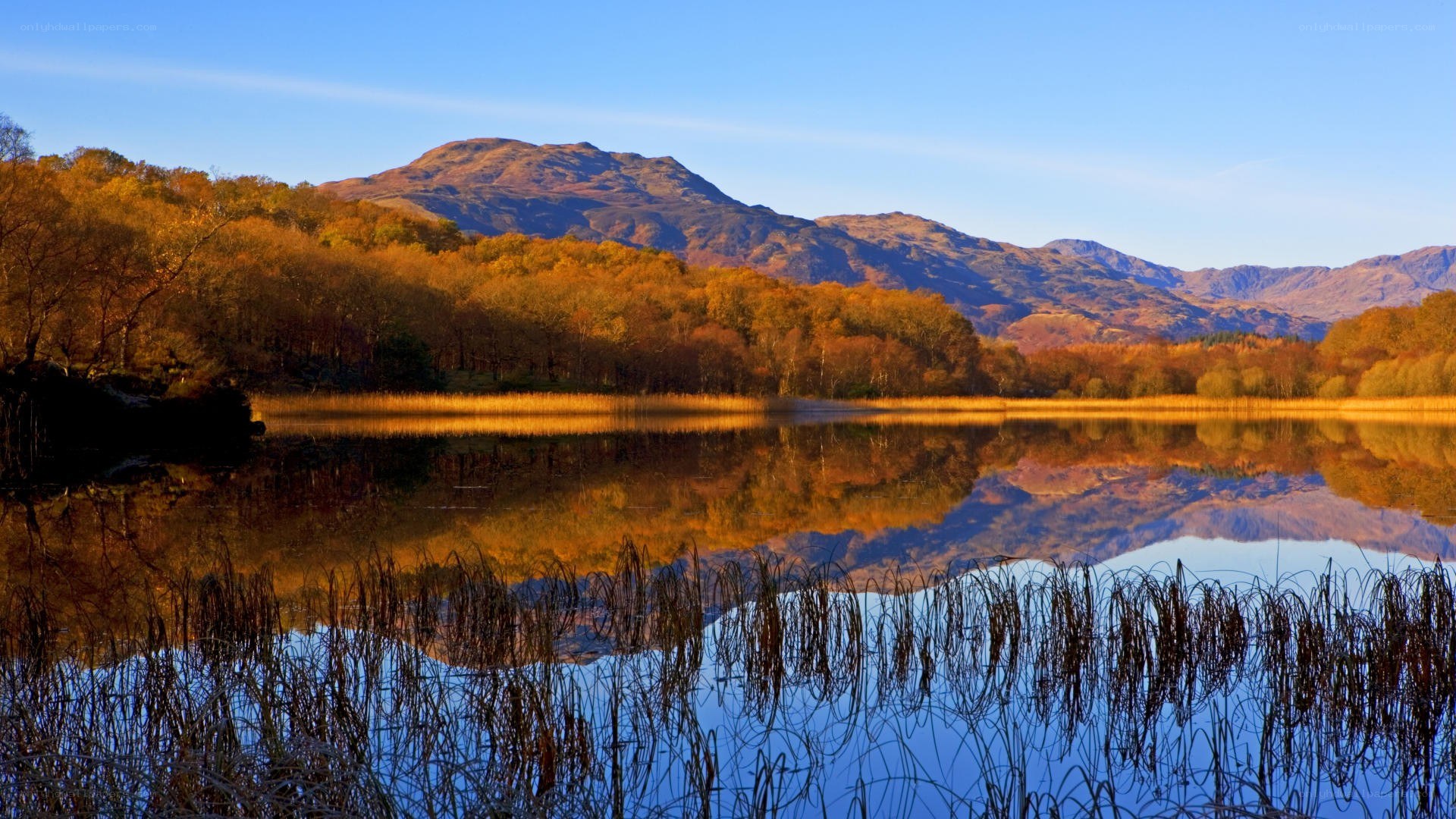 autumn lake with mountain reflection