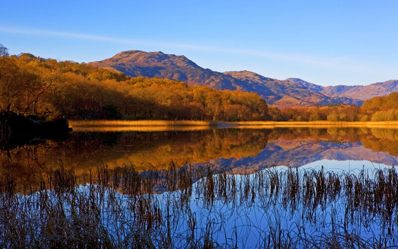 Autumn lake with mountain reflection
