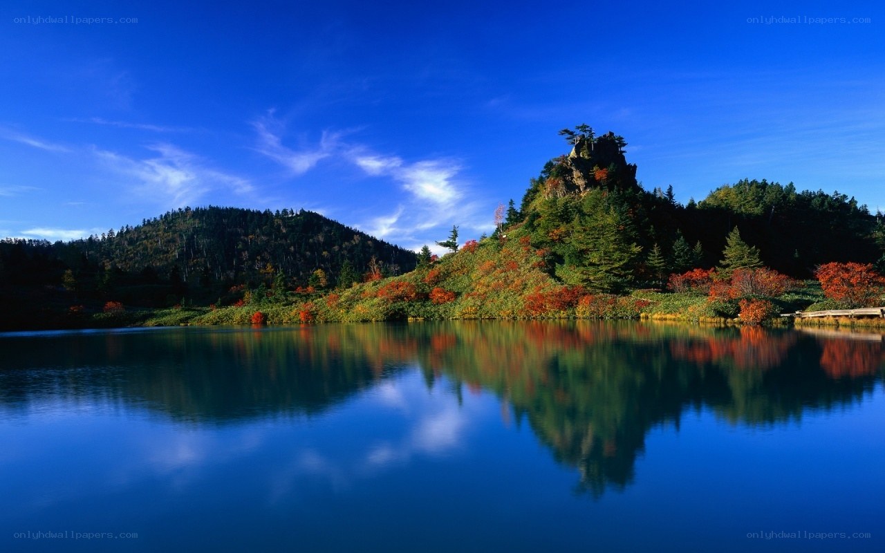 Autumn lake with mountain reflection