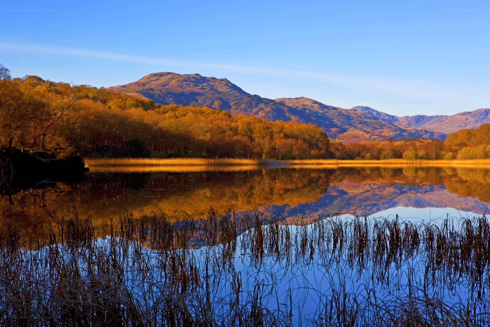 Autumn lake with mountain reflection