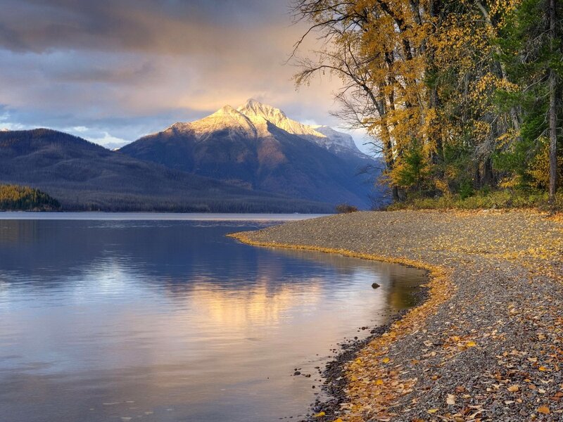 Autumn lake with mountain view