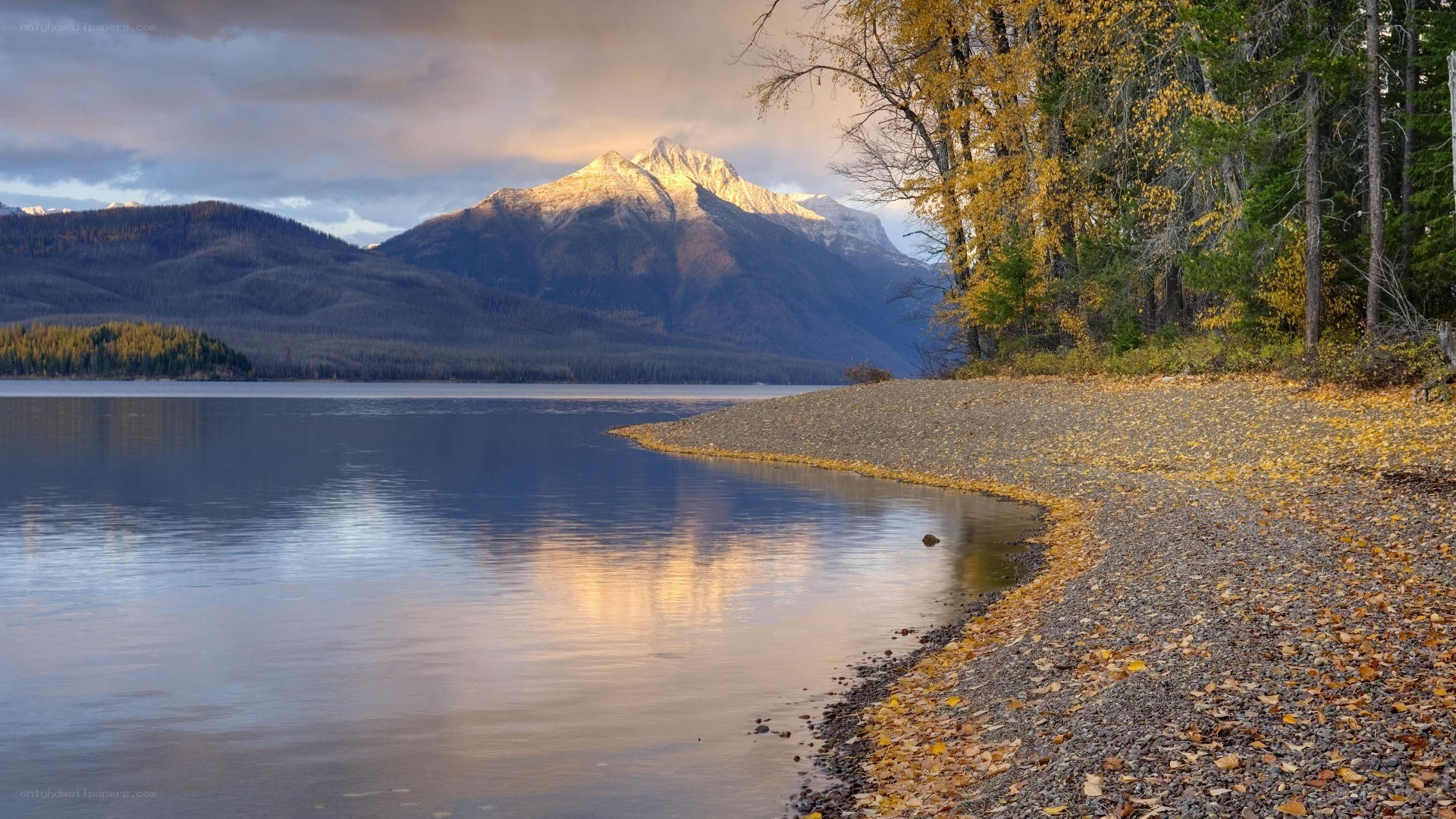 Autumn lake with mountain view