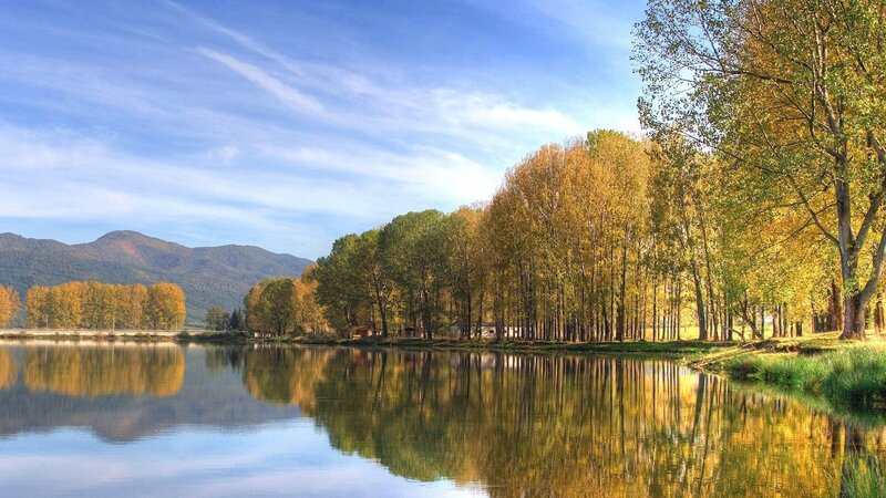 Autumn lake with mountain view