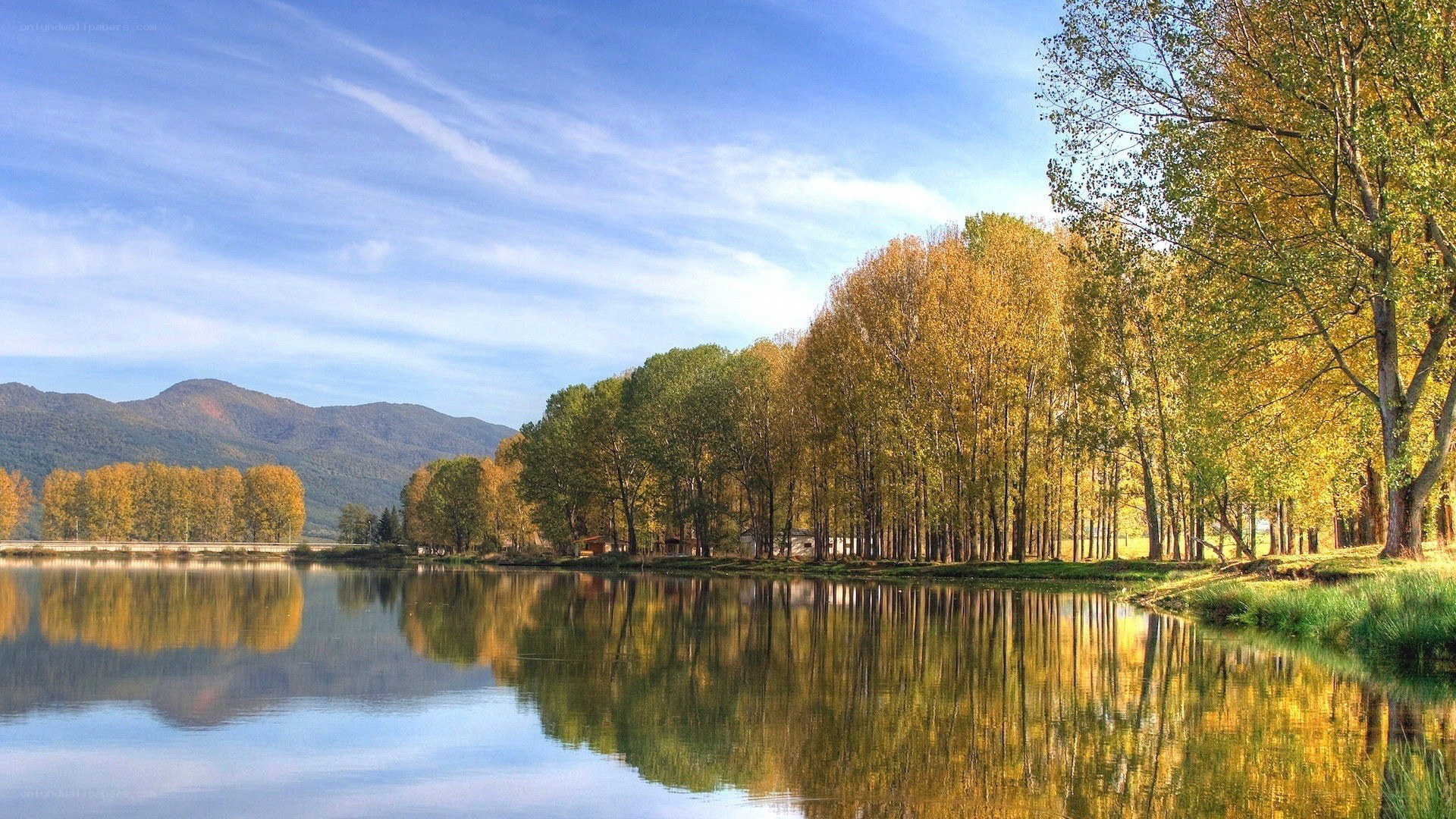 Autumn lake with mountain view