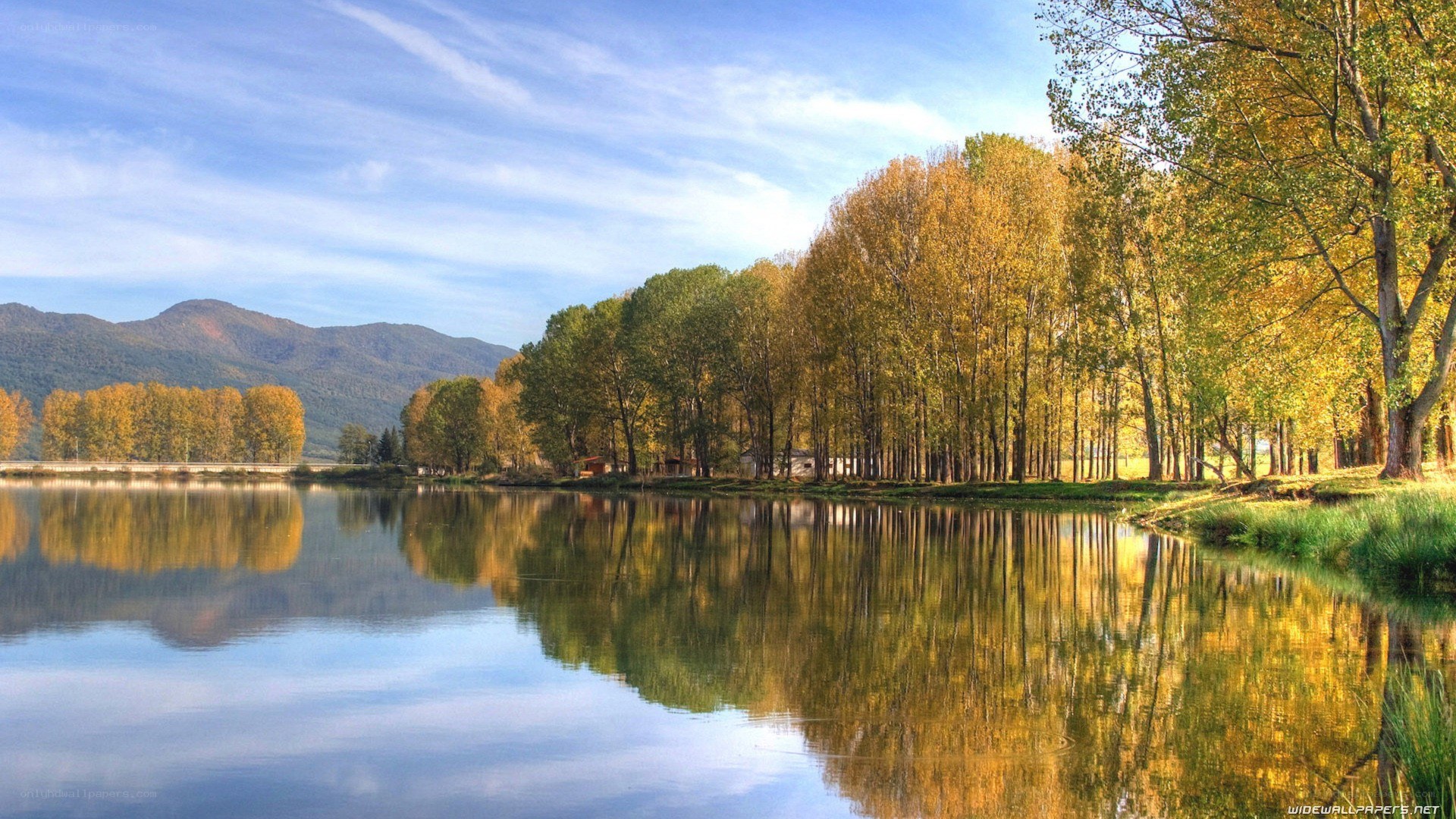 Autumn lake with mountain view