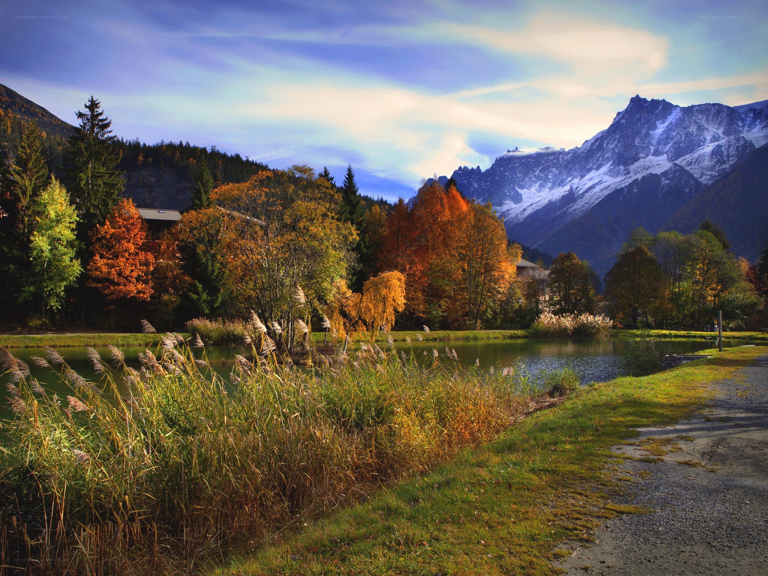 Autumn lake with mountain view