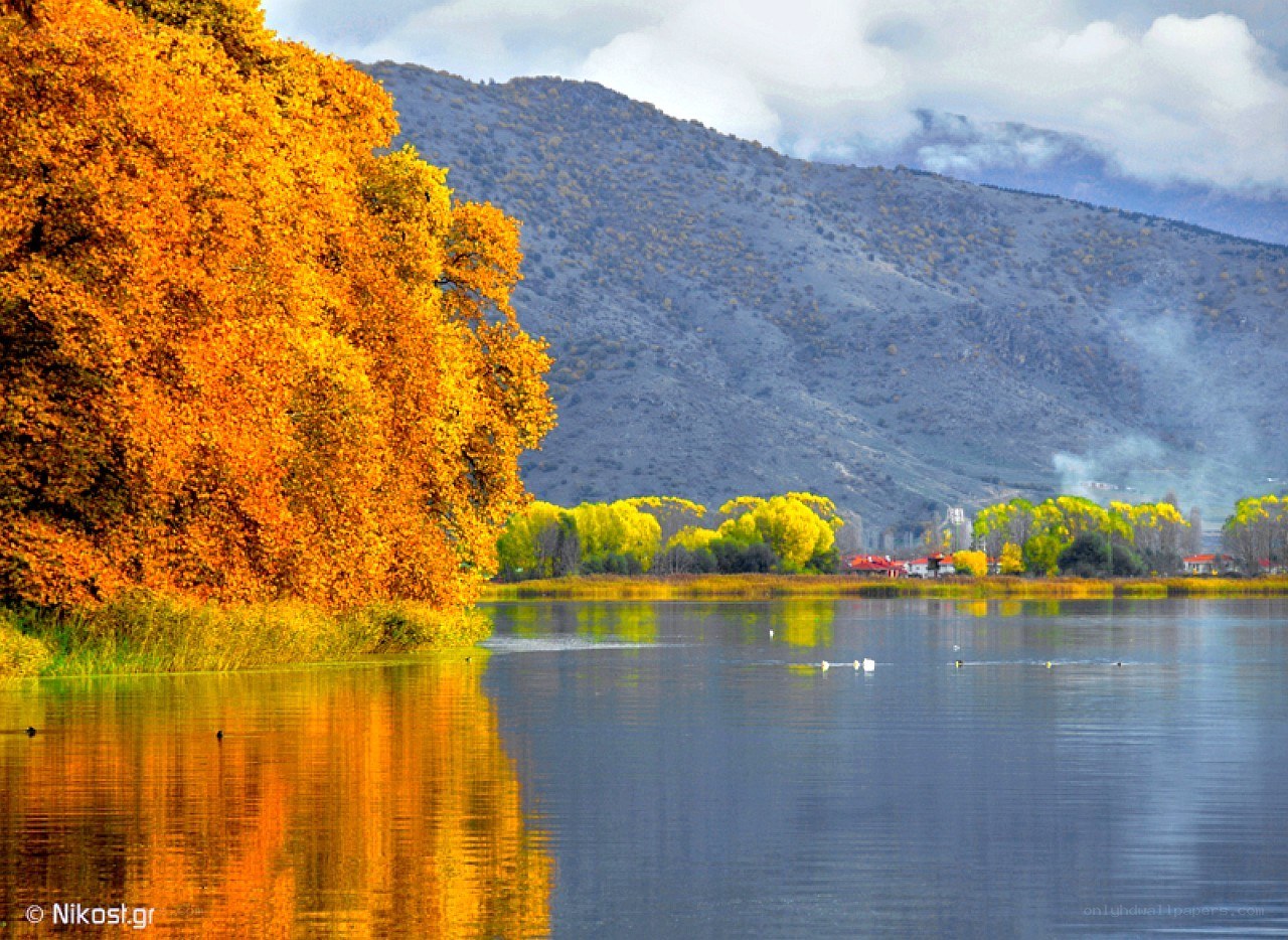 Autumn lake with mountain view