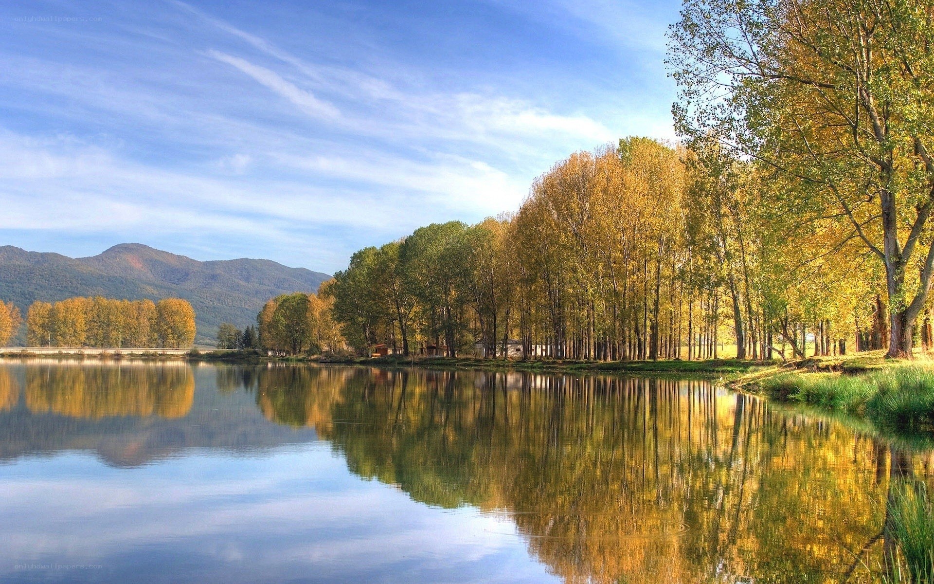 Autumn lake with mountain view