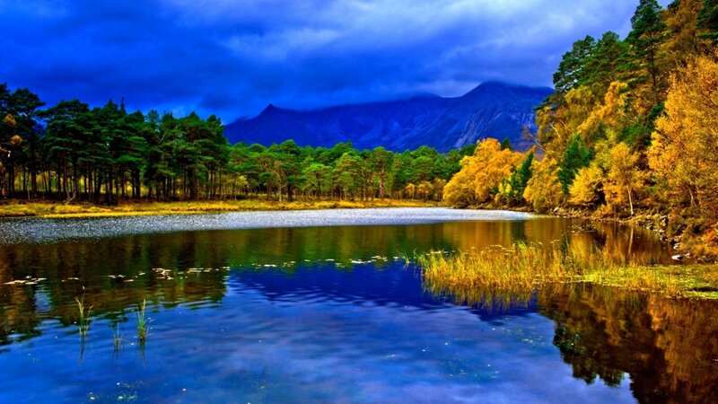 Autumn Lake with Mountains — Blue, Dramatic, Photograph