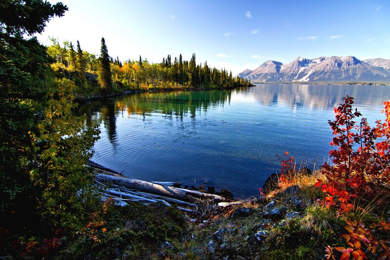 Autumn Lake with Mountains — Blue, Serene, Photograph, Trees, Fall Foliage
