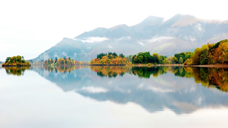 Autumn Lake with Mountains — Blue, Serene, Photograph, Trees, Islands