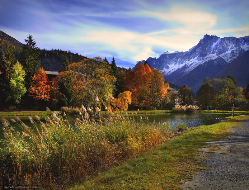 Autumn Lake with Mountains — Blue, Serene, Photograph, Trees, Path