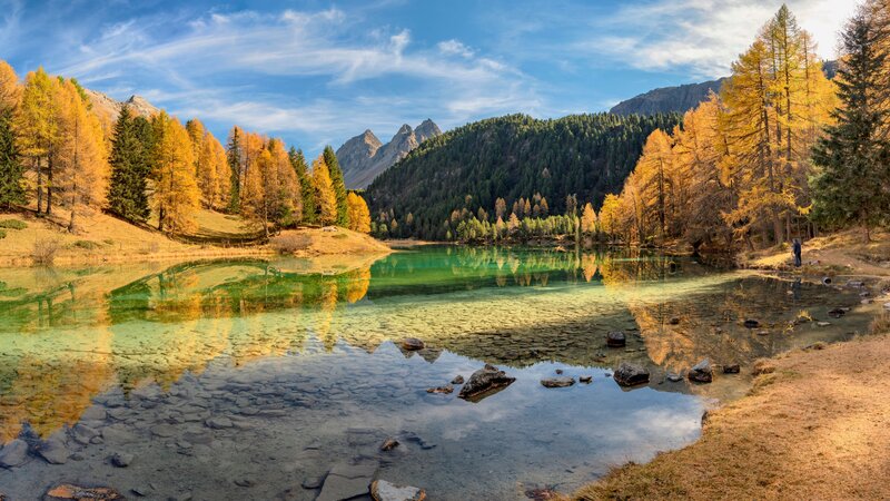 Autumn Lake with Mountains — Blue, Serene, Photograph, Trees, Reflection, Person