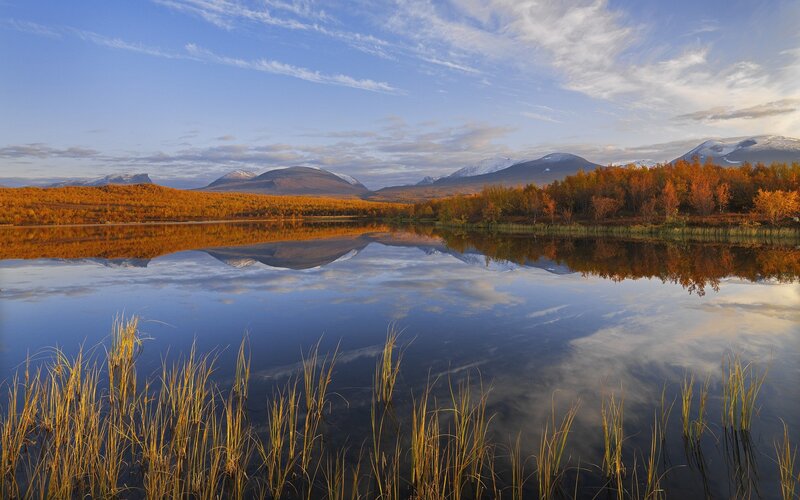 Autumn Lake with Mountains — Blue, Serene, Photograph, Trees, Reflection